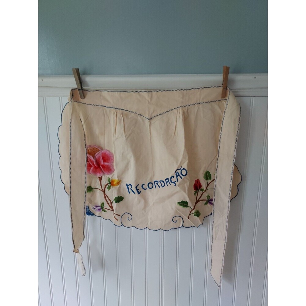 VTG Colorful Ivory Portugal Embroidered‎ Floral Traditional Pocket Half Apron